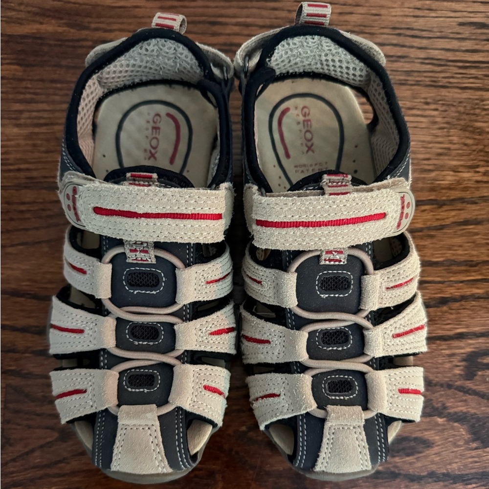 Geox Beige/Black Sandals with Red Accents Velcro Closure Kids 32EU/1US Like New